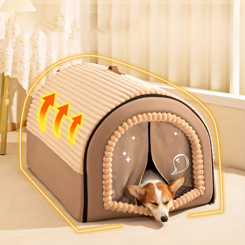 Foldable Indoor Dog House with Lid and Handle, 2-in-1 Brown Pet Tent Cave Bed with Soft Anti-Slip Washable Cushion for Dogs and Cats