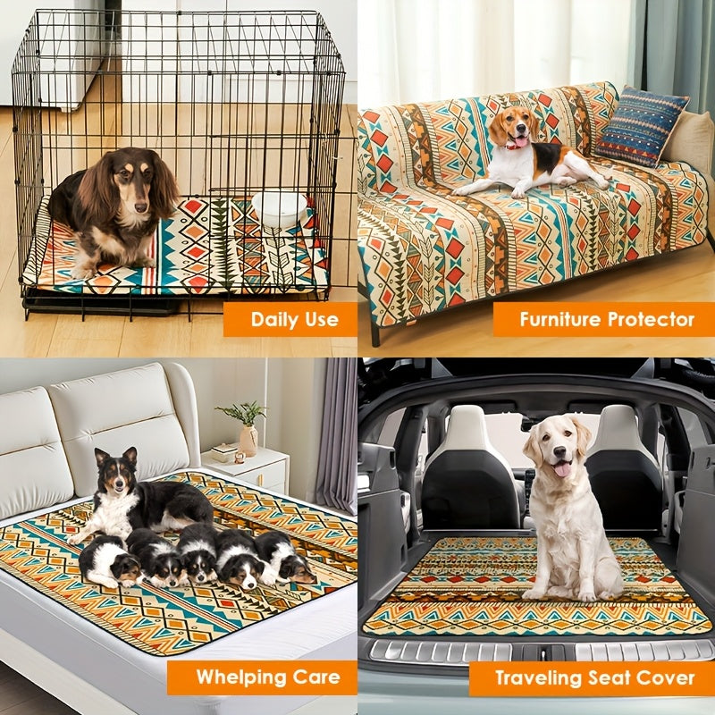 Dog Pee Pads with Retro Tribal Print, 2 Pack Washable Leakproof Puppy Training Mats with Non-Slip Backing for Crates, Playpens and Floors