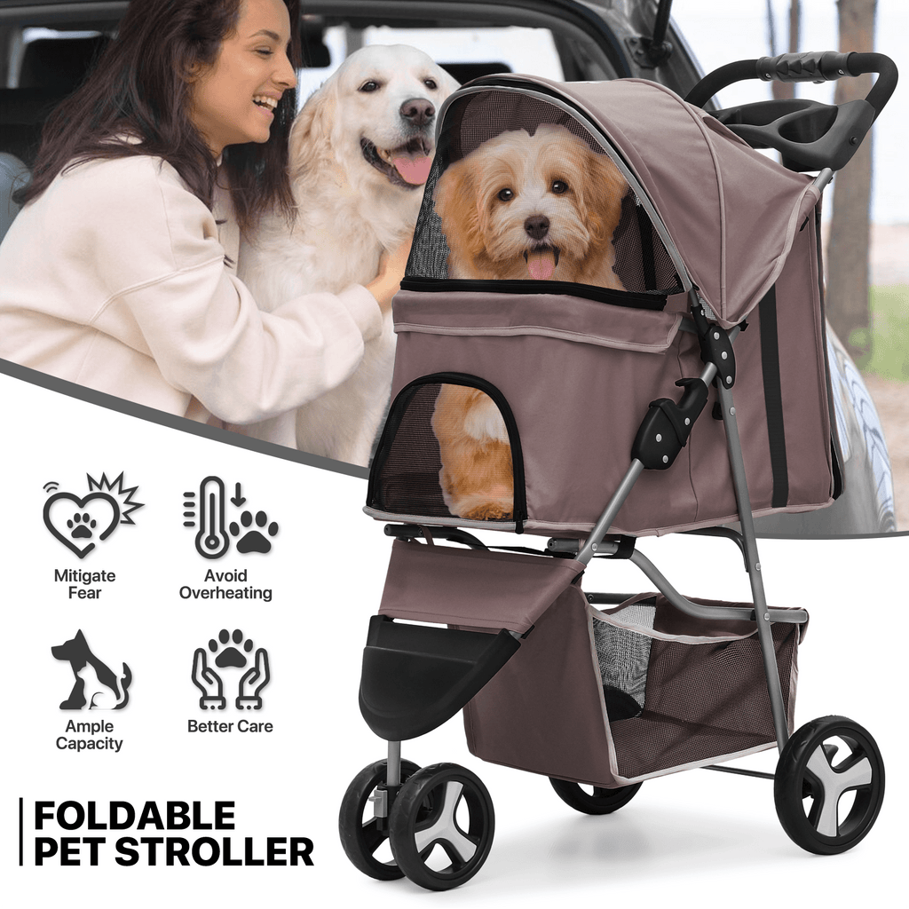 Foldable Dog Stroller for Small Dogs and Cats, 3-Wheel Pet Pushchair with Weather Cover, Breathable Mesh, Storage Basket and Cup Holder
