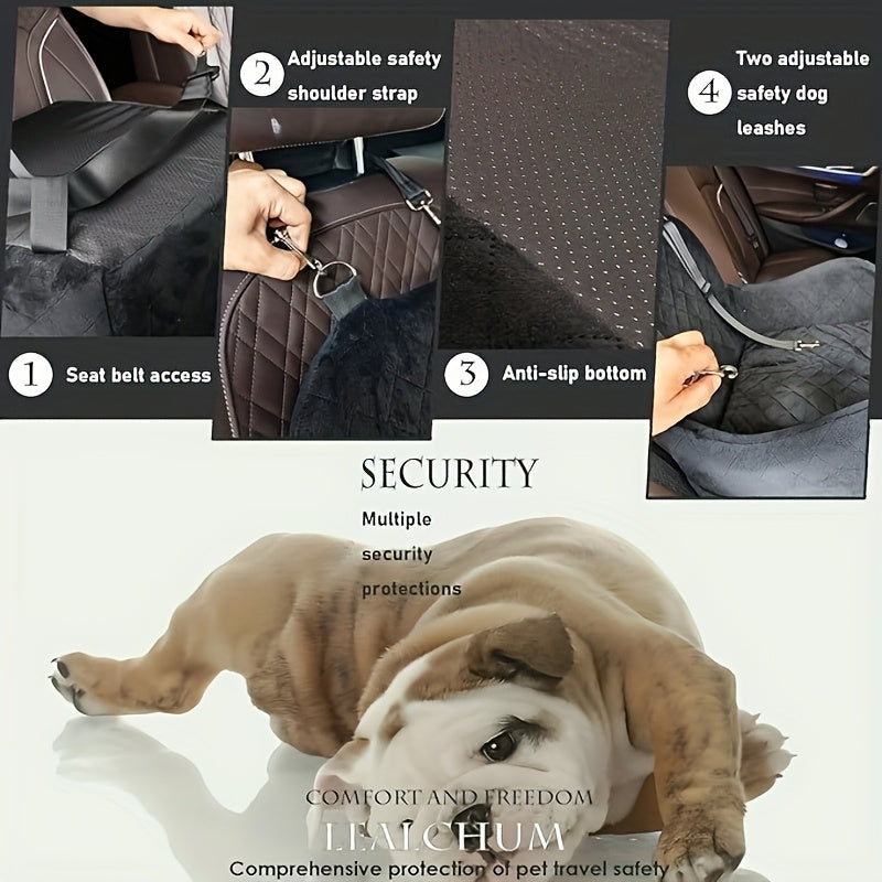 Plush Dog Car Seat with Memory Foam Cushion, Cozy Pet Travel Seat for Dogs and Cats with Side Storage Pockets and 3 Clip-On Leashes