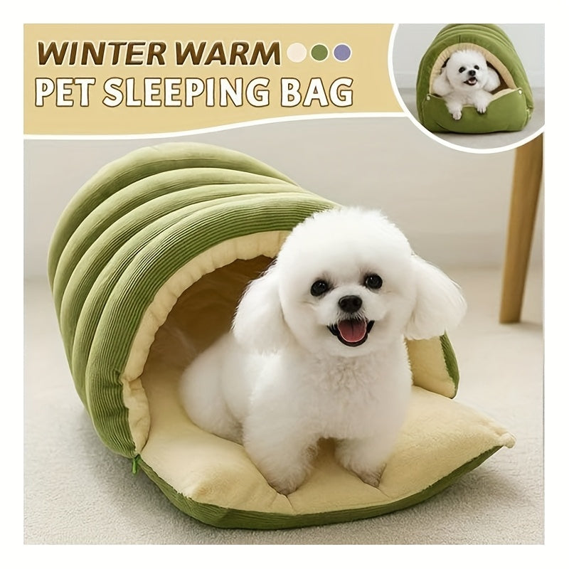 Cat Sleeping Bag Bed with Removable Cushion, Cozy Hooded Cave for Indoor Cats and Small Dogs, Ribbed Winter Hideaway in Beige, Green or Purple