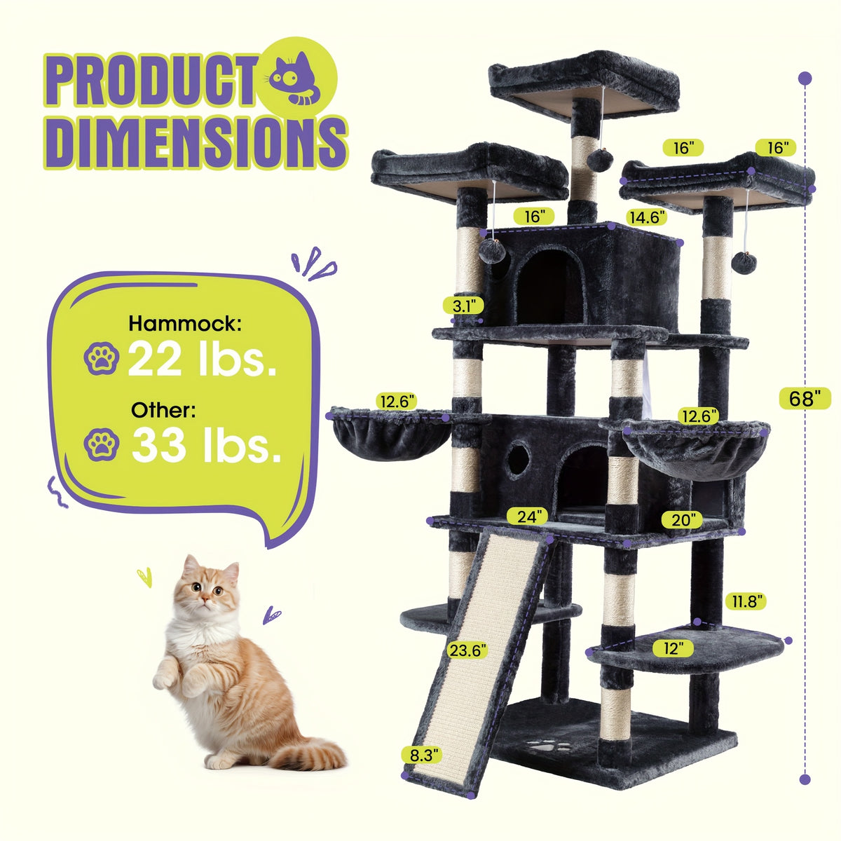 Multi-Size Cat Tree Tower for Indoor Cats, 36 65 68 or 81 Inch Multi-Level Pet Furniture with Sisal Scratching Posts and Plush Resting Areas