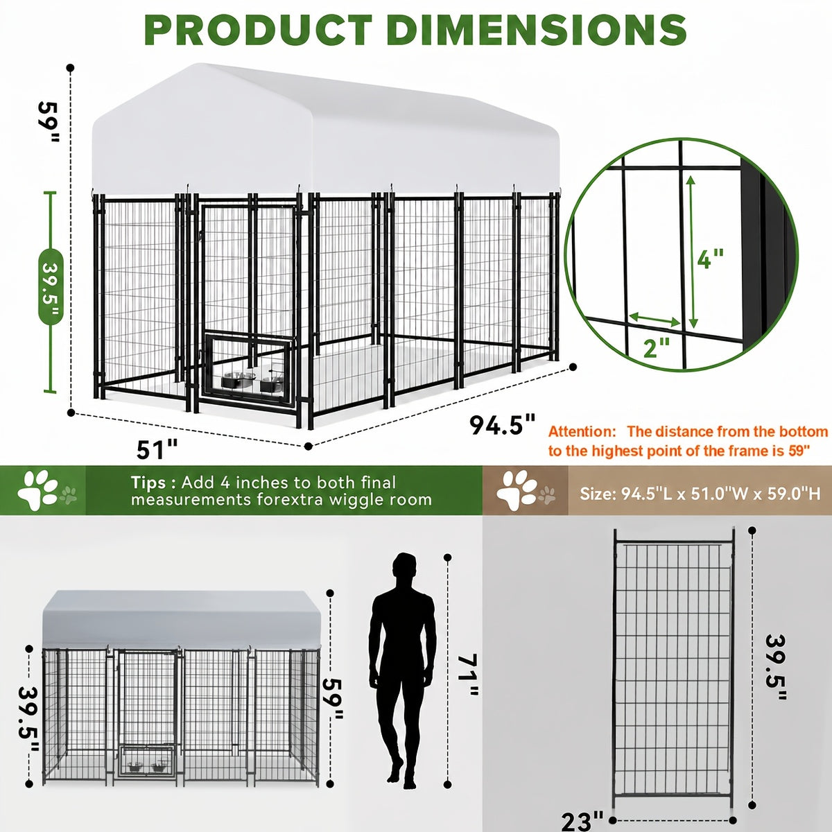 Outdoor Dog Kennel with Rotating Bowls, Heavy-Duty Welded Steel Dog Run with Secure Lock and UV-Resistant Roof, Three Sizes for Backyard Use