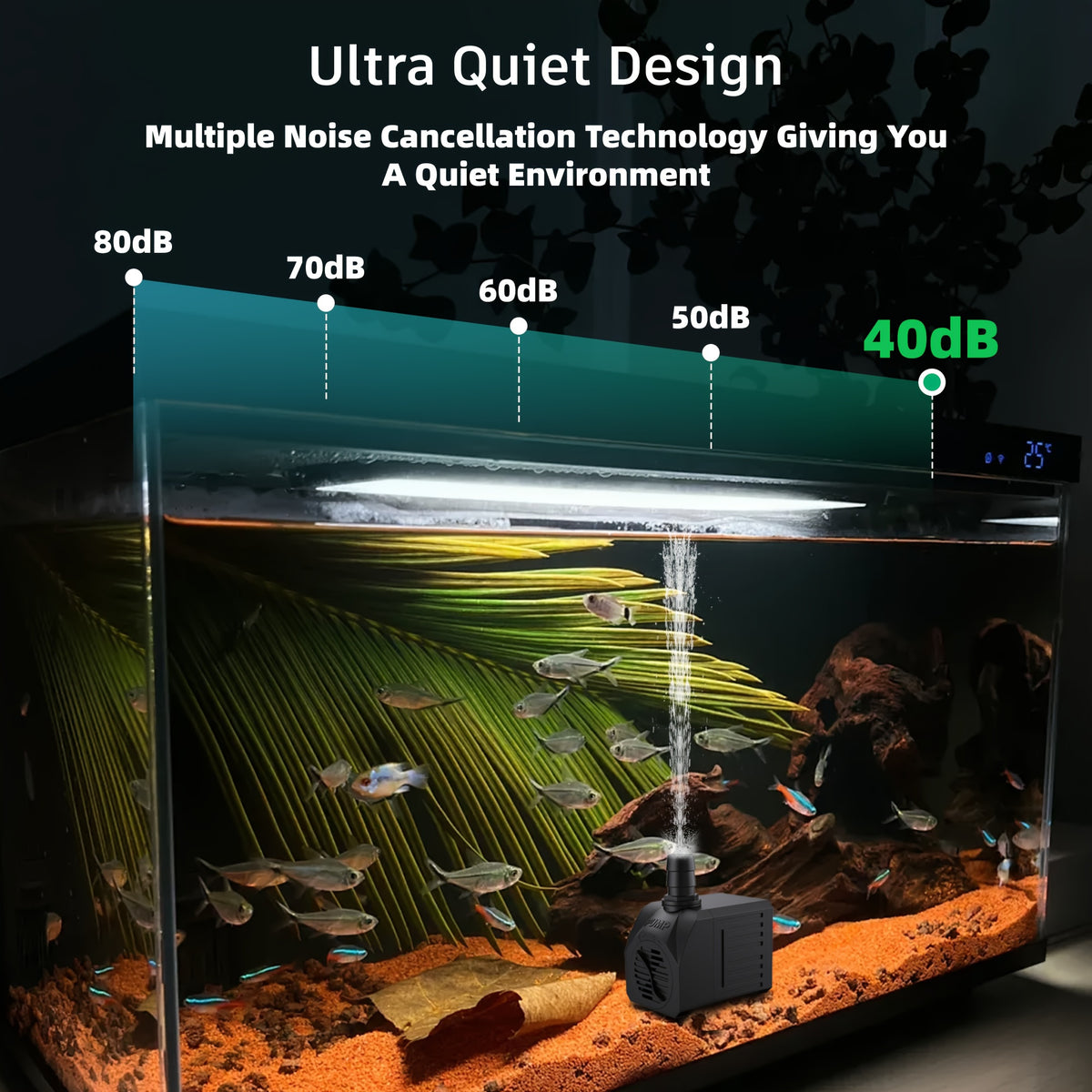 Submersible Aquarium Pump 10W with Adjustable Water Flow, Two Nozzles and Suction Feet, Compact Black Water Pump for Fish Tanks and Fountains