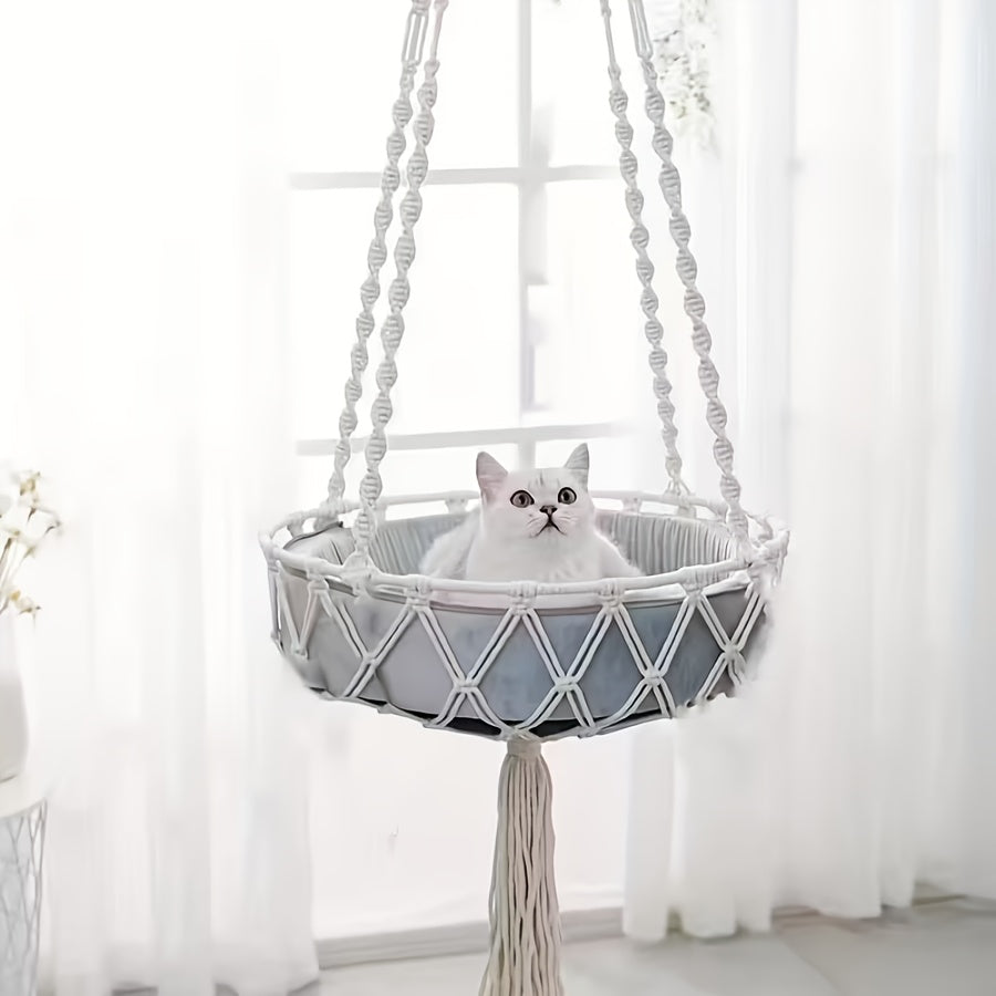 Macrame Cat Hammock in Beige, Hand-Woven Polyester Hanging Basket Bed with Semi-Enclosed Sides and Decorative Tassels for Indoor Lounging