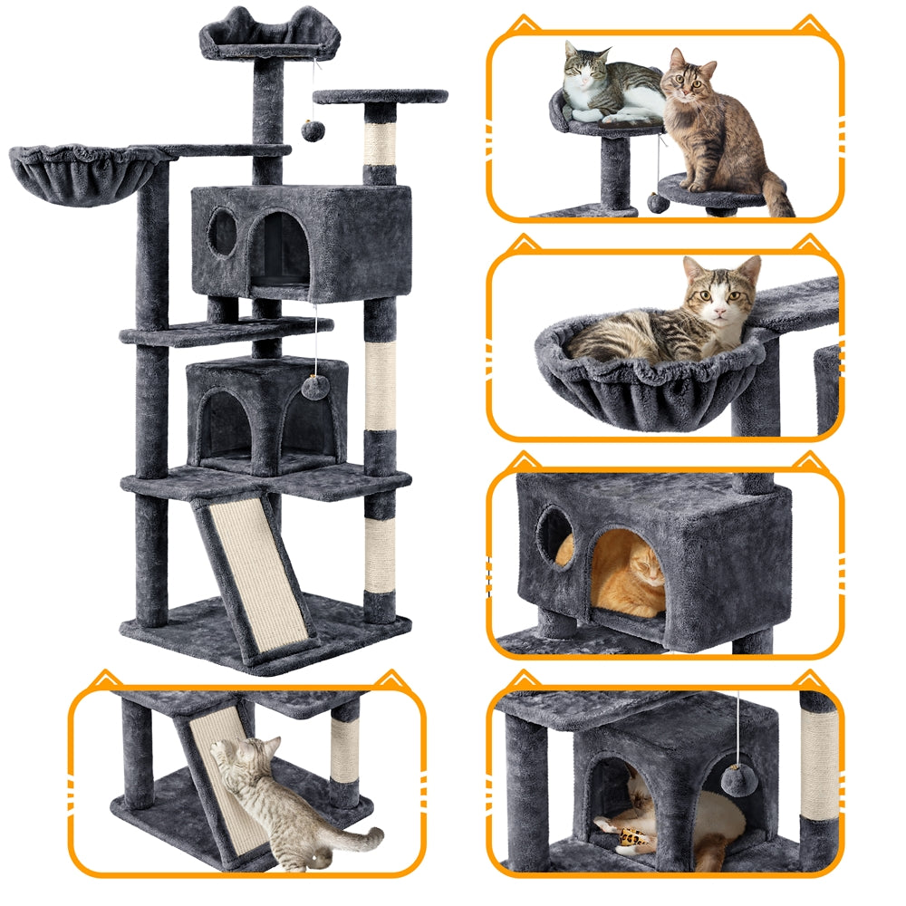 Cat Tree 57 Inch with Two Condos, Plush Multi-Level Indoor Kitten Tower with Round Platform, Ladder and Dangling Ball for Small Cats