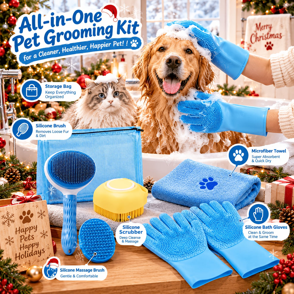 Dog Grooming Kit 6 Piece, Manual Pet Care Set with Brush, Microfiber Towel, Washing Gloves and Shedding Tool for At-Home Bath and Coat Care