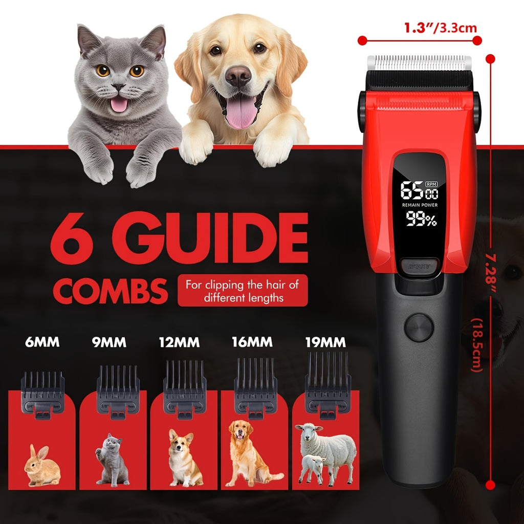 3-Speed Dog Clippers with LED Display and Auxiliary Light, Cordless Rechargeable Pet Grooming Kit with Six Guide Combs for Dogs and Cats