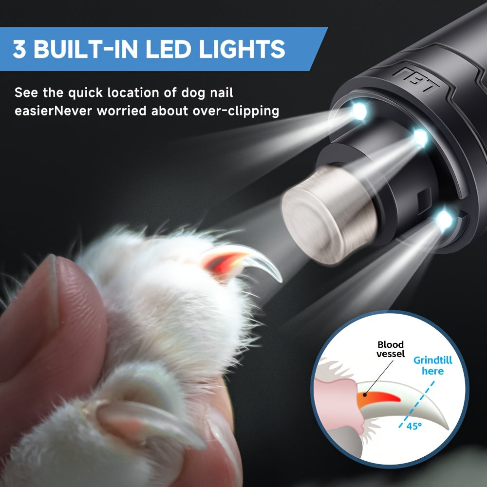 Pet Nail Grinder F3 with 3 LED Lights, Electric Dog and Cat Nail File with Diamond Grinding Head and Protective Sleeve for Home Grooming