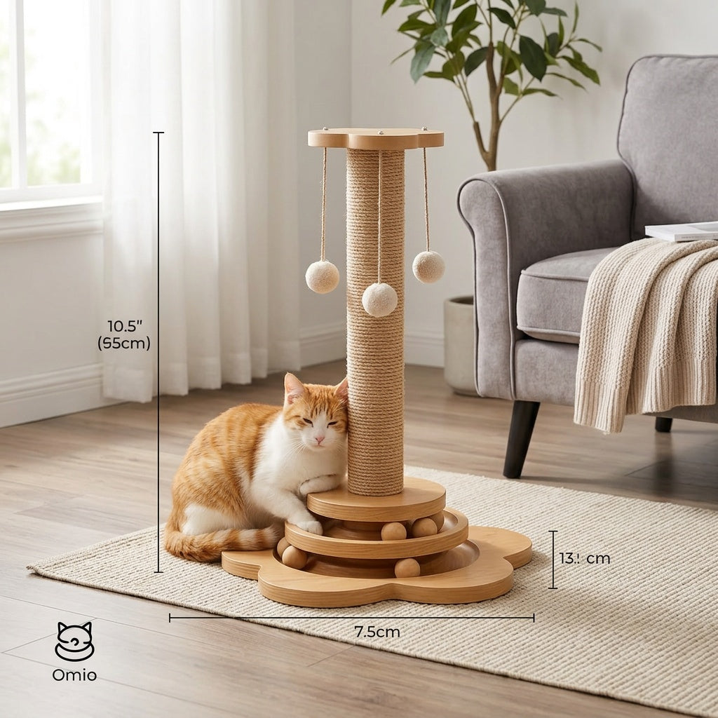 4-in-1 Cat Scratching Post with Ball Tracks, Hanging Toys and Feather Teaser for Indoor Cats, Small to Large and Replacement Column Options