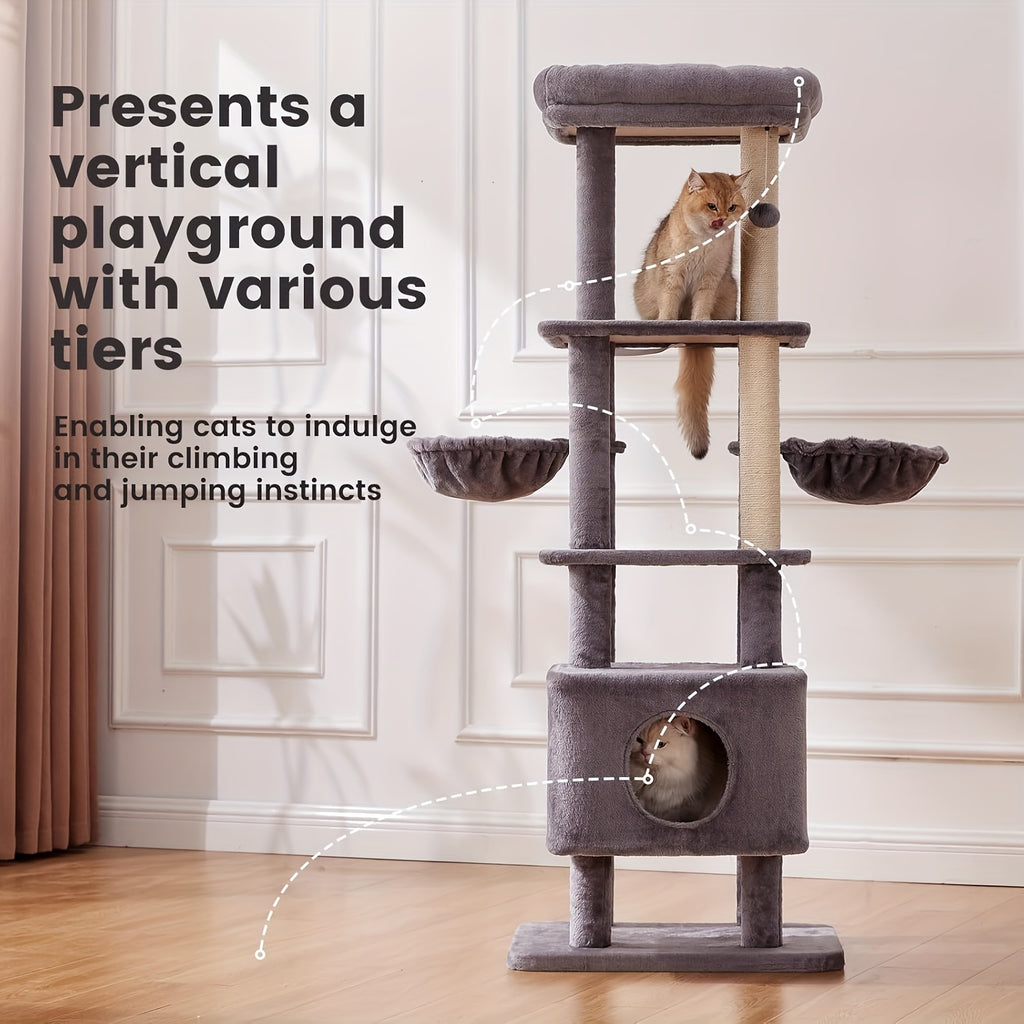 Cat Tree with Dual Hammocks, 65 Inch Six-Level Indoor Cat Tower with Natural Sisal Scratching Posts, Condo and Washable Top Perch