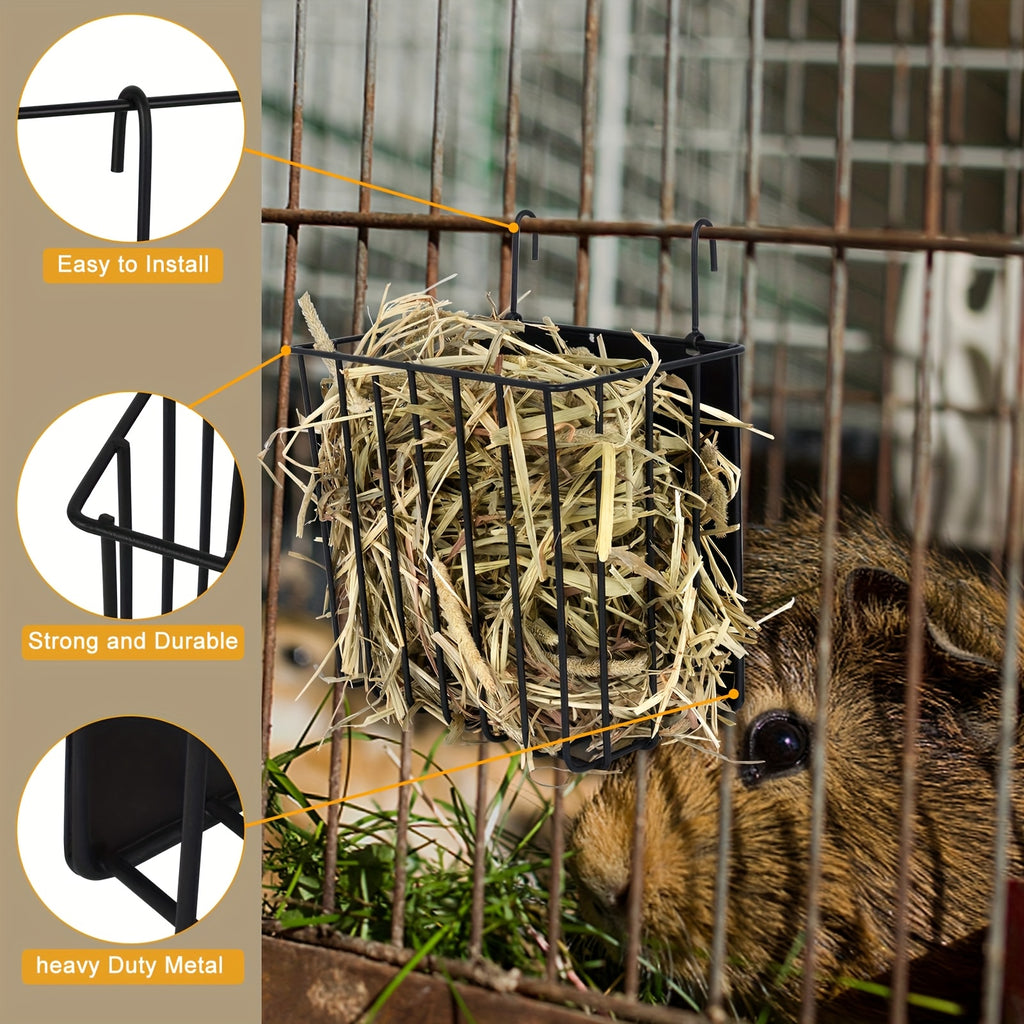 Rabbit Hay Feeder with Hanging Metal Rack, Black Powder-Coated No-Drill Cage Organizer for Guinea Pigs and Chinchillas, Space-Saving Hay Basket