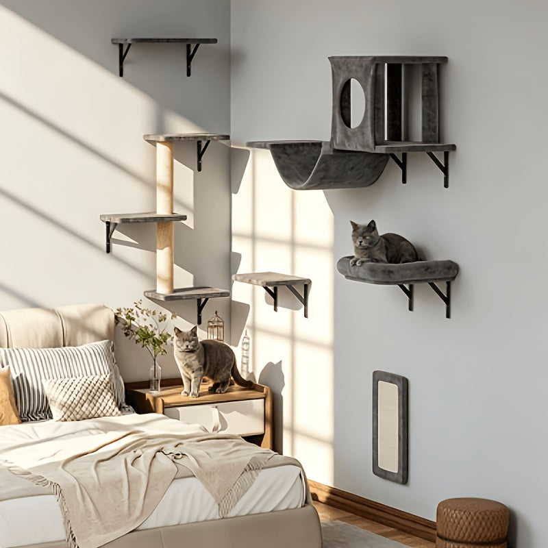 Cat Climbing Wall Shelves Set, Wall-Mounted Indoor Cat Furniture with Condo, Scratching Post, Bridge Ladder and Tunnel for Play and Rest