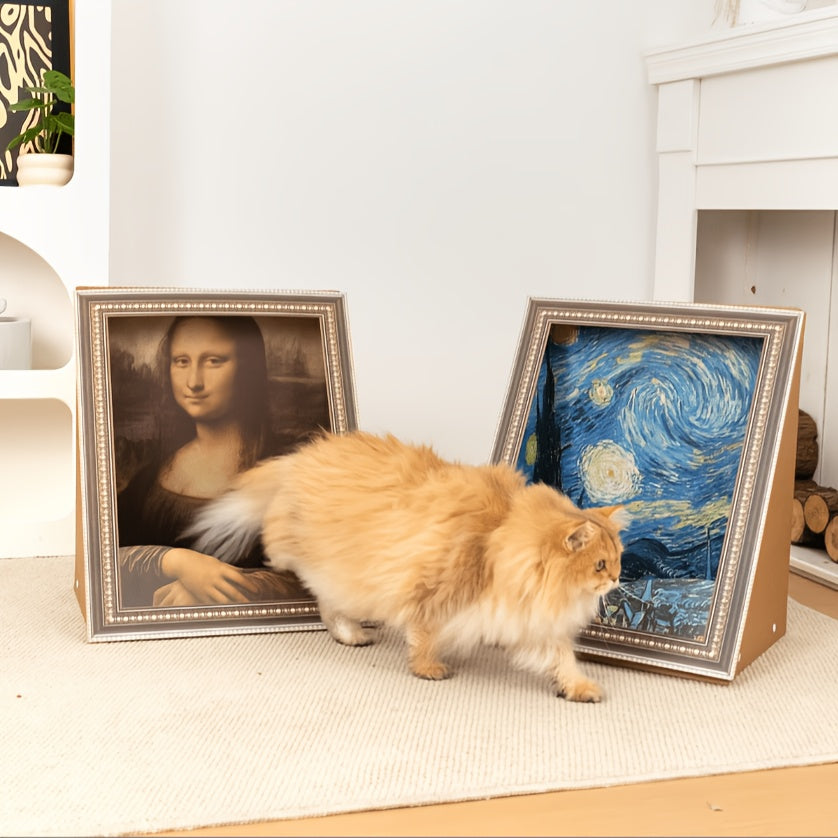 Cat Scratcher Board with Oil Painting Art, 21-Inch Corrugated Cardboard Scratching Pad for Indoor Cats, Decorative No-Assembly Claw Care