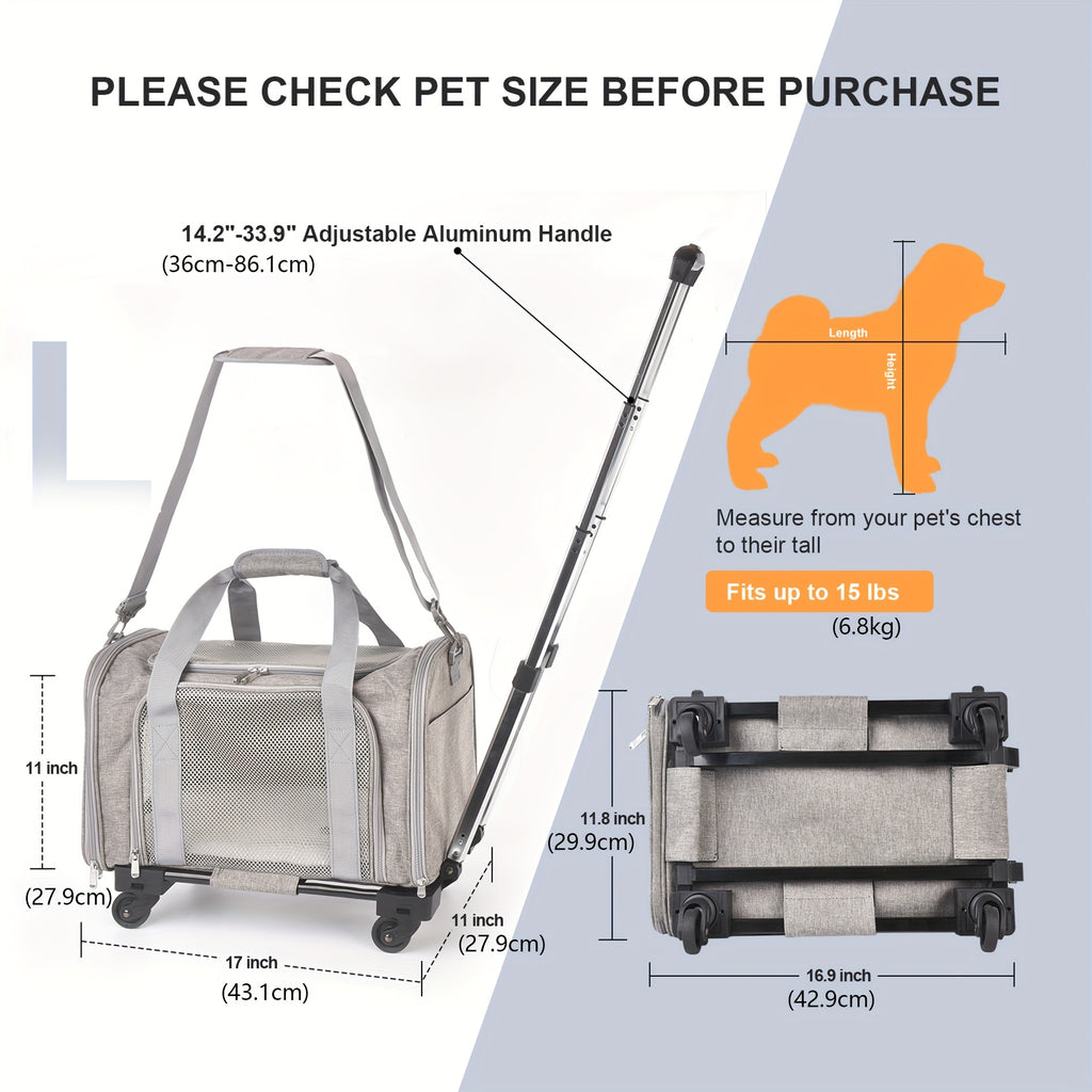 Pet Travel Carrier with Detachable Wheels, Retractable Pull Handle and Breathable Mesh, Soft-Sided Cat and Dog Bag for Vet Visits and Trips