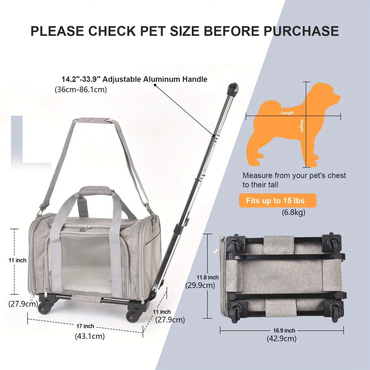 Pet Travel Carrier with Detachable Wheels, Retractable Pull Handle and Breathable Mesh, Soft-Sided Cat and Dog Bag for Vet Visits and Trips