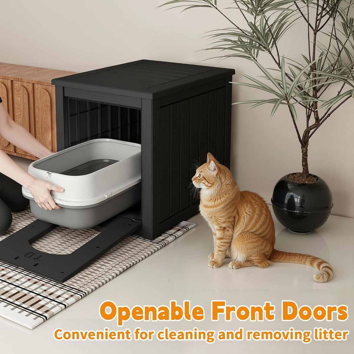 Litter Box Enclosure Cabinet with Front Door, Hidden Cat Litter Furniture and End Table Design for Indoor Homes, Black or Light Brown