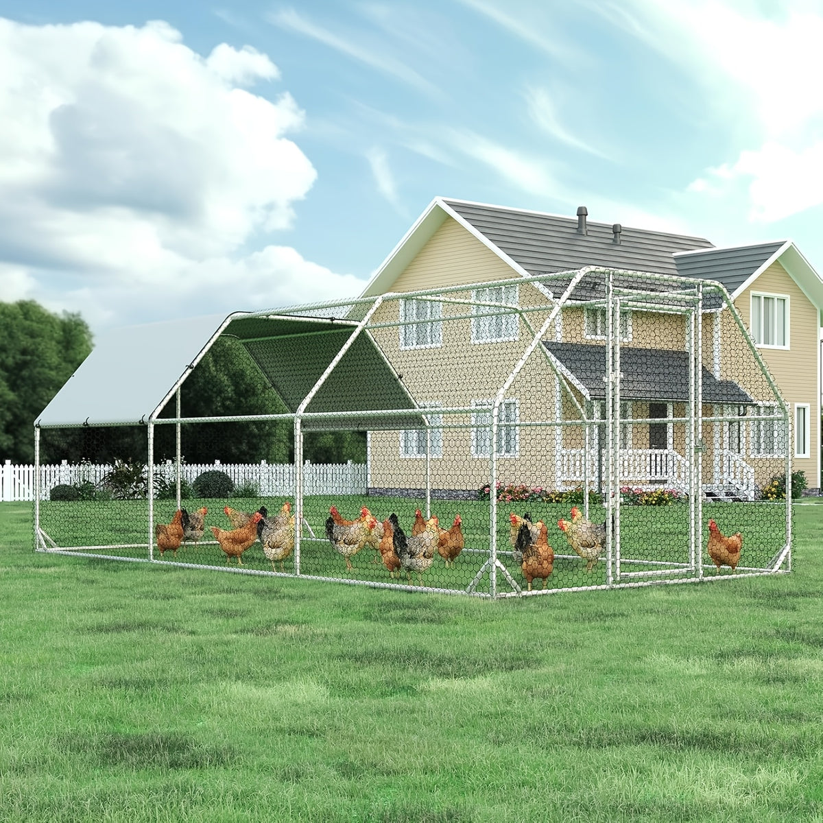 Metal Chicken Coop with UV-Resistant Cover, Walk-In Outdoor Poultry Enclosure for Backyard Hens with Flat, Dome or Spire Roof Options