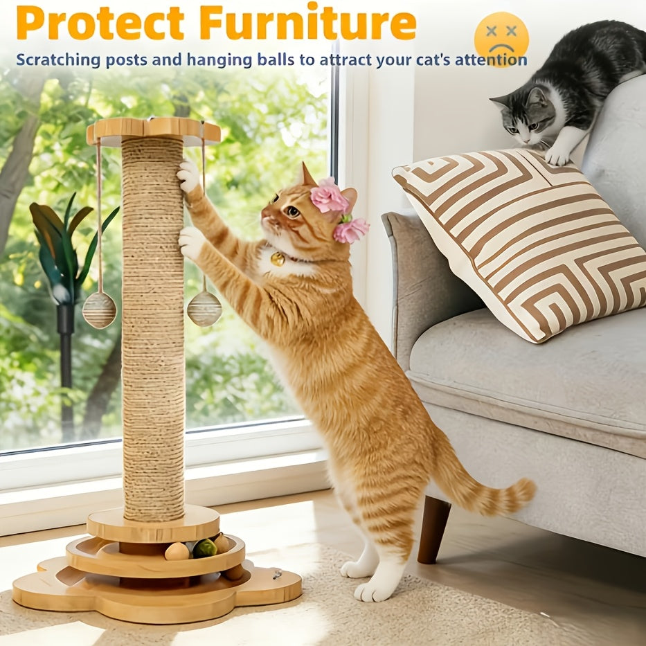 4-in-1 Cat Scratching Post with Ball Tracks, Hanging Toys and Feather Teaser for Indoor Cats, Small to Large and Replacement Column Options