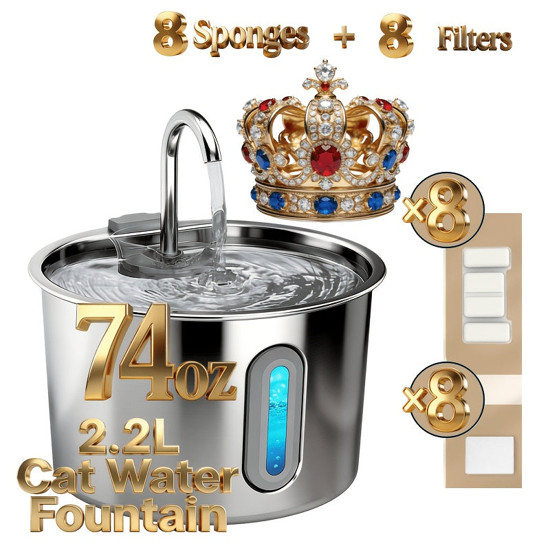 Filtered Cat Water Fountain 74.39oz, Stainless Steel Automatic Pet Drinking Dispenser with Quiet Pump for Cats and Dogs, Three Style Options