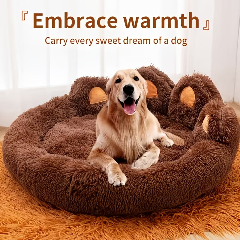 Paw Shaped Pet Bed for Dogs and Cats, Fluffy Plush Sleeping Nest with Raised Sides and Non-Slip Base, Brown Grey or Pink Red Size Options