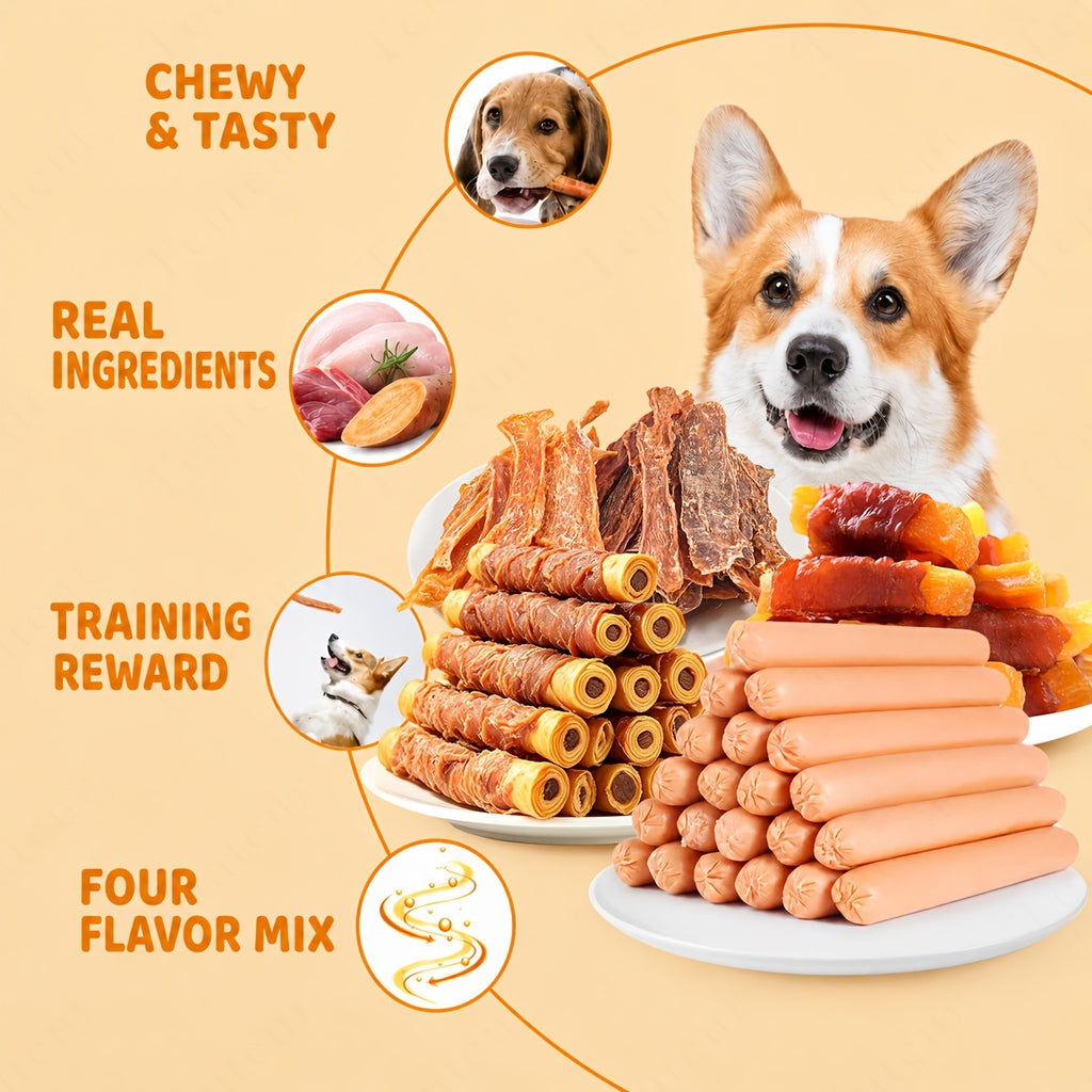 Dog Treat Variety Packs with Chicken and Duck Jerky Combo, Assorted Jerky and Sausage or Hot Dog Snack Options for Supervised Training Rewards