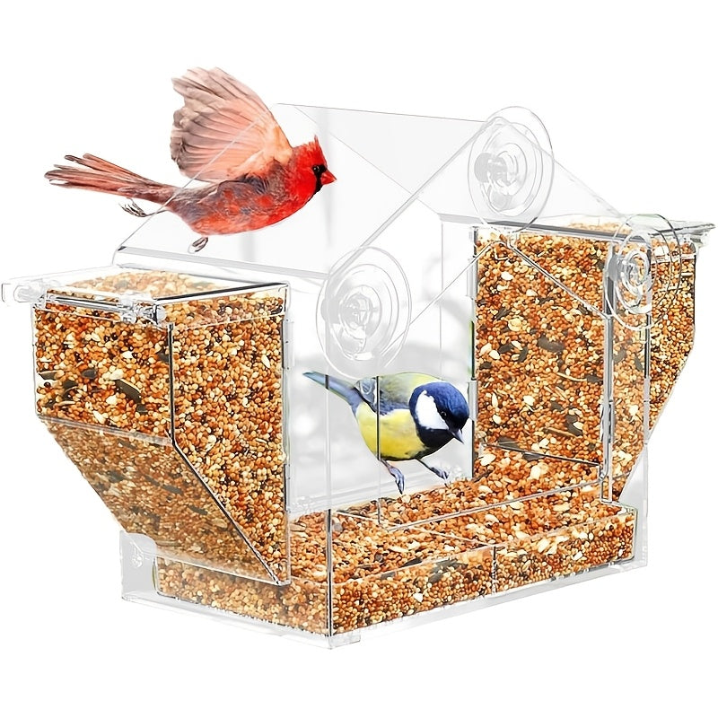 Window Bird Feeder with Dual Side Hoppers, Extra Large Clear Outdoor Feeder with Suction Cups and Adhesive Mount for Indoor Bird Watching