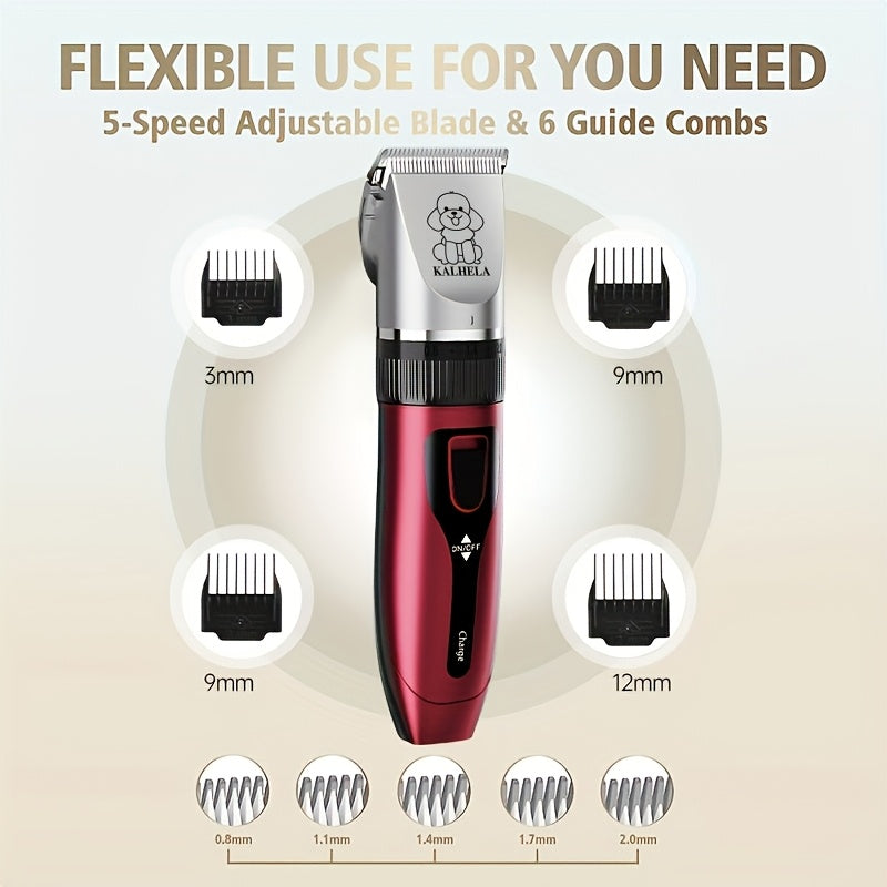 Dog Grooming Clippers with Display, Red Cordless Rechargeable Pet Hair Trimmer with Detachable Blades, Four Guide Combs and Kit Options