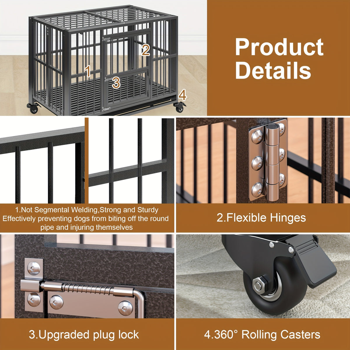 Folding Heavy Duty Dog Crate with Lockable Wheels, Double Door Pet Kennel in 38 or 43 Inch Models for Home Containment and Supervised Use