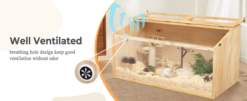 Hamster Habitat Wooden Cage with Clear Acrylic Front, Openable Top and Side Locks, 31.5-Inch Small Pet Enclosure in Natural or Burlywood