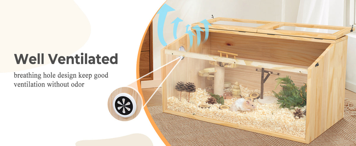 Hamster Habitat Wooden Cage with Clear Acrylic Front, Openable Top and Side Locks, 31.5-Inch Small Pet Enclosure in Natural or Burlywood