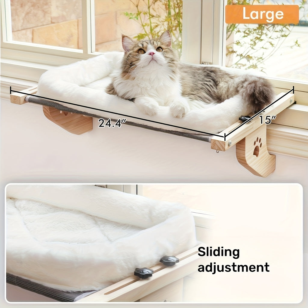Cat Windowsill Hammock, 24.4 x 15 Inch Adjustable Wood and Metal Frame Bed for Indoor Cats, Non-PVC Perch for Compatible Bedsides, Drawers and Cabinets