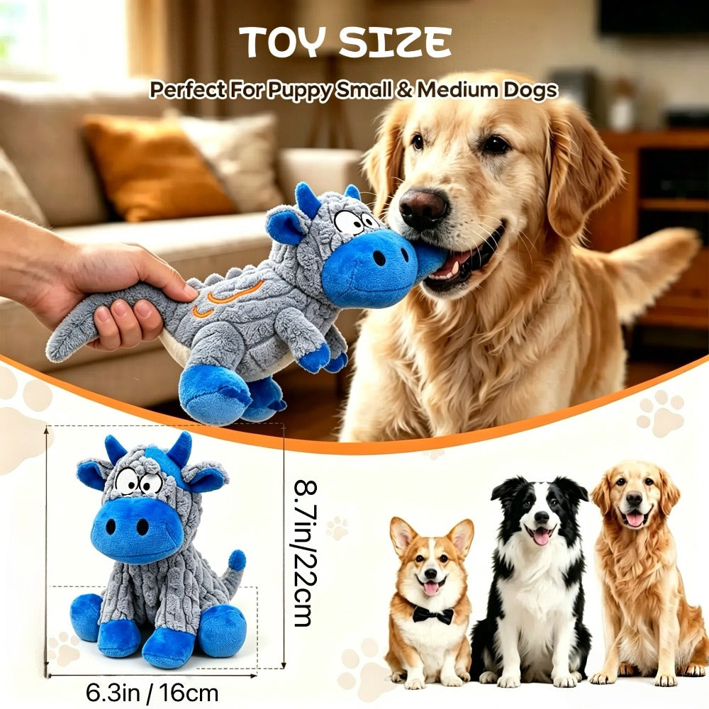 Squeaky Cow Dog Toy in Blue and Gray, Battery-Free Plush Puppy Toy for Small and Medium Dogs, Supervised Gentle Tug and Interactive Play