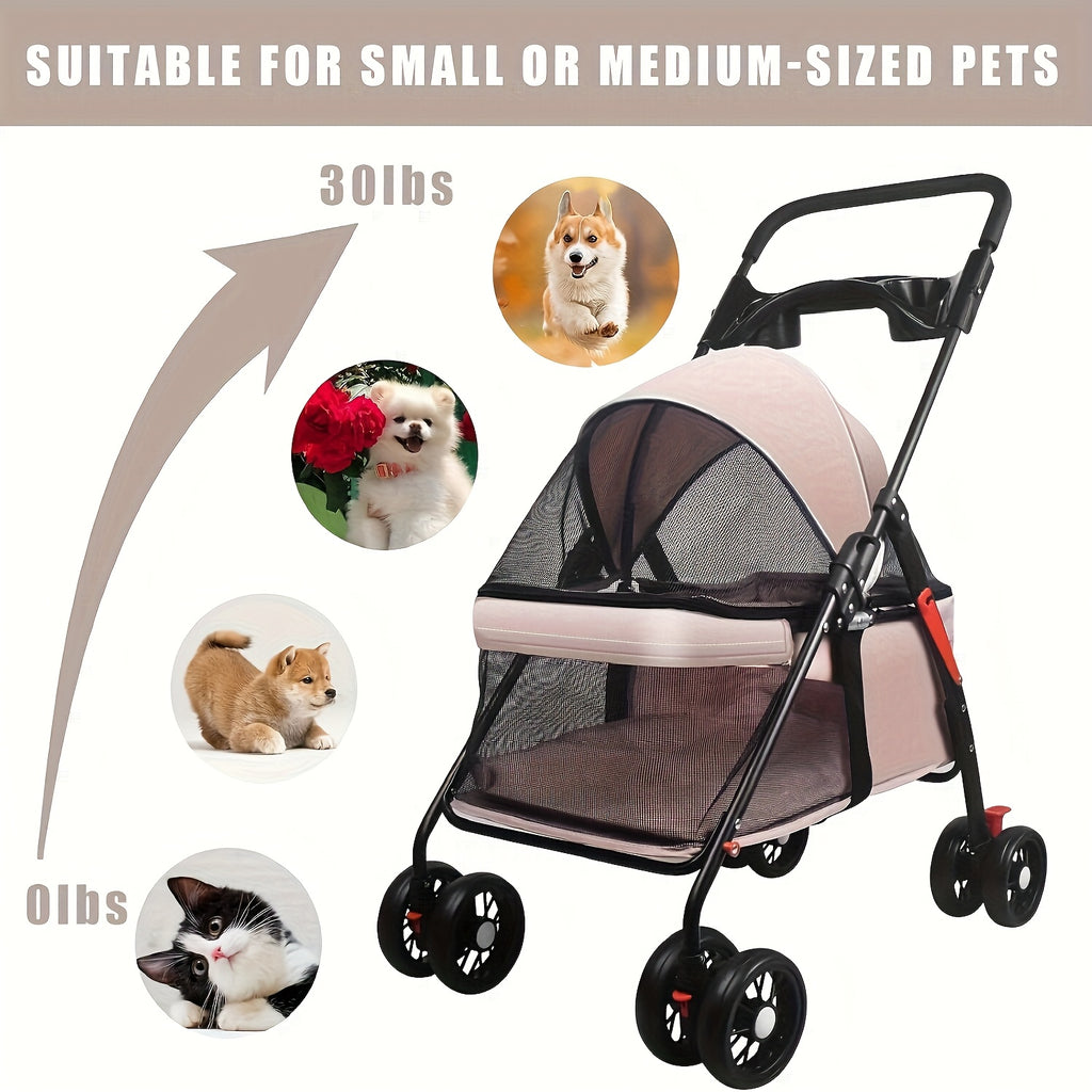 Dog and Cat Stroller in Black, Four-Wheel Pet Pushchair with Foldable Cage, Storage Basket and Cup Holder for Small to Medium Pets