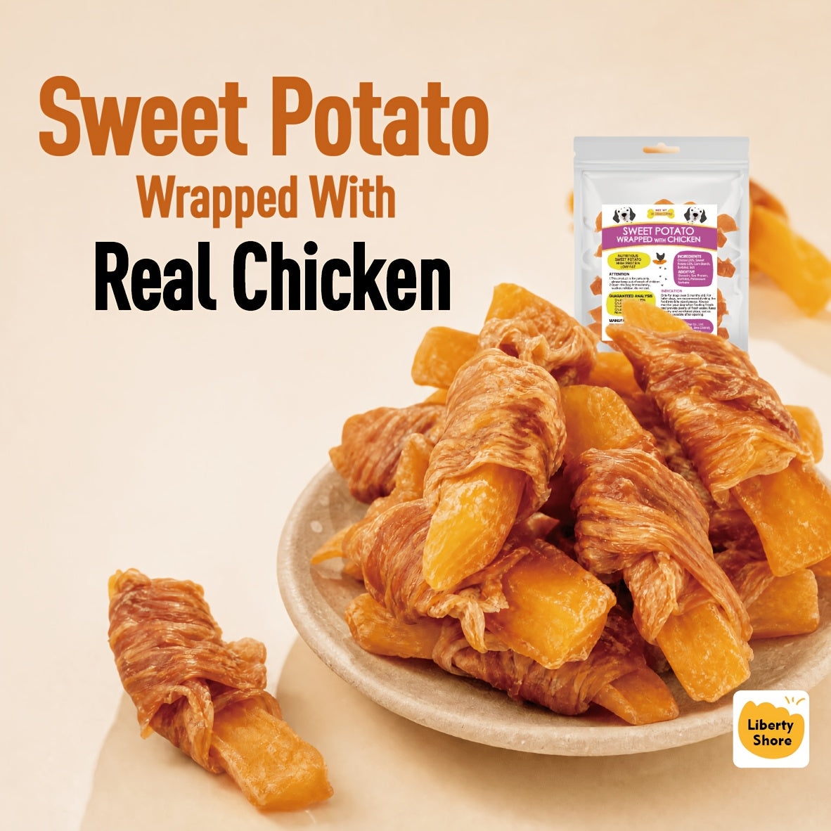 Chicken Wrapped Sweet Potato Dog Treats, 300g, 600g or 900g Chewy Snack Wraps for Supervised Reward Time and Dog Lover Gift Baskets