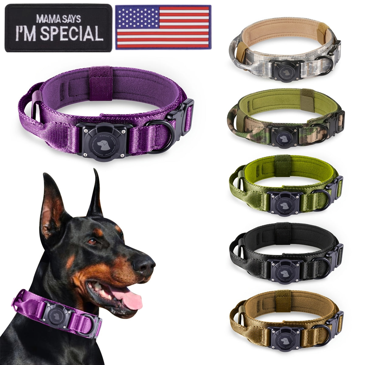 AirTag Holder Dog Collar with Handle, Adjustable Tactical Collar in Digital Camouflage for Medium and Large Dogs, M L XL, AirTag Not Included