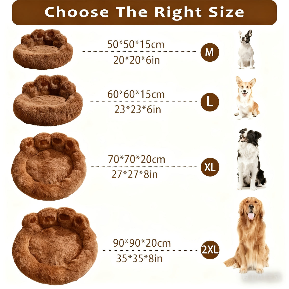 Faux Fur Pet Bed with Washable Bear Paw Design, Soft Plush Dog and Cat Sleeping Cushion with Non-Slip Bottom in Three Sizes and Colors