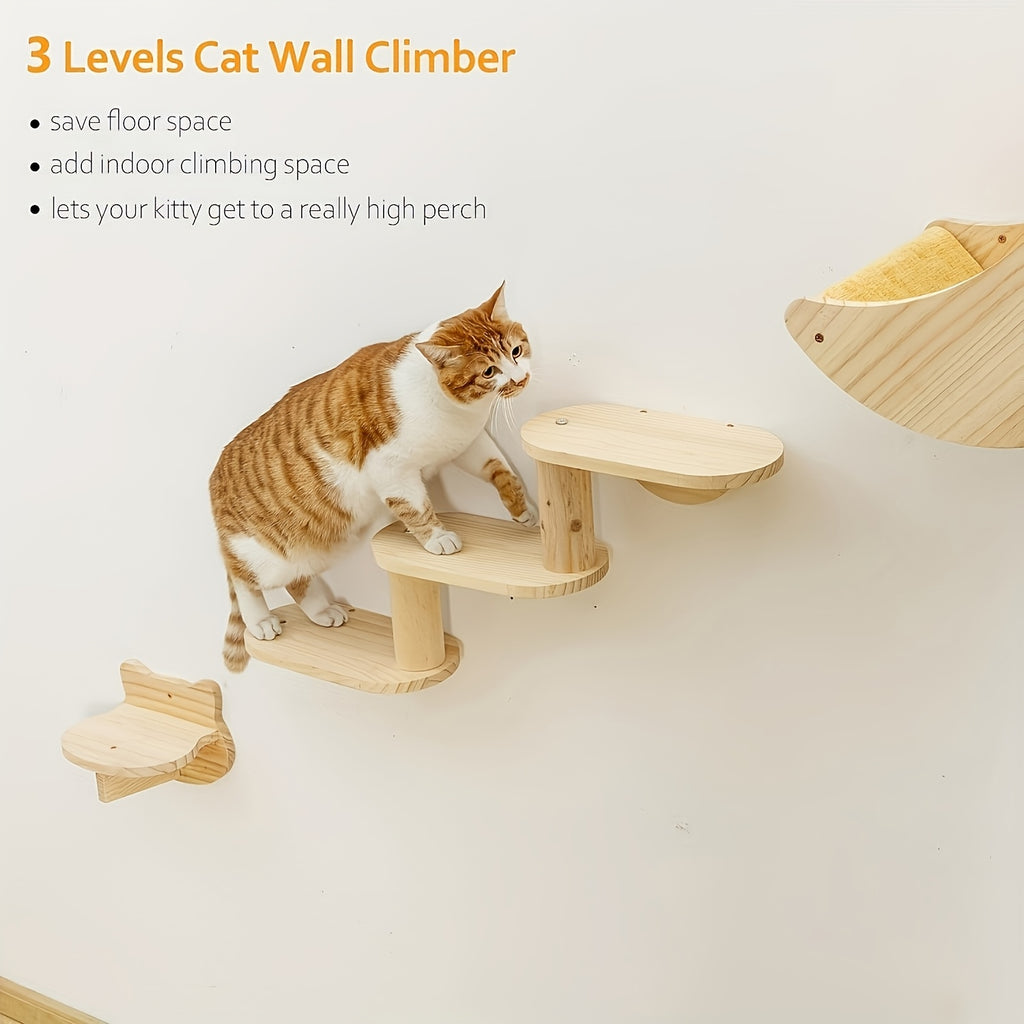 Cat Wall Climbing Frame with 3 or 5 Levels, Solid Wood Wall-Mounted Cat Furniture for Indoor Scratching and Play, Optional Hammock Combination