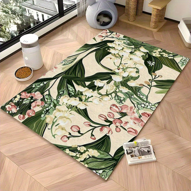 Reusable Puppy Pee Pad 24 x 36 Inches, Washable Lily of the Valley Floral Pet Mat with Non-Slip Backing for Dog Training and Cat Feeding Areas