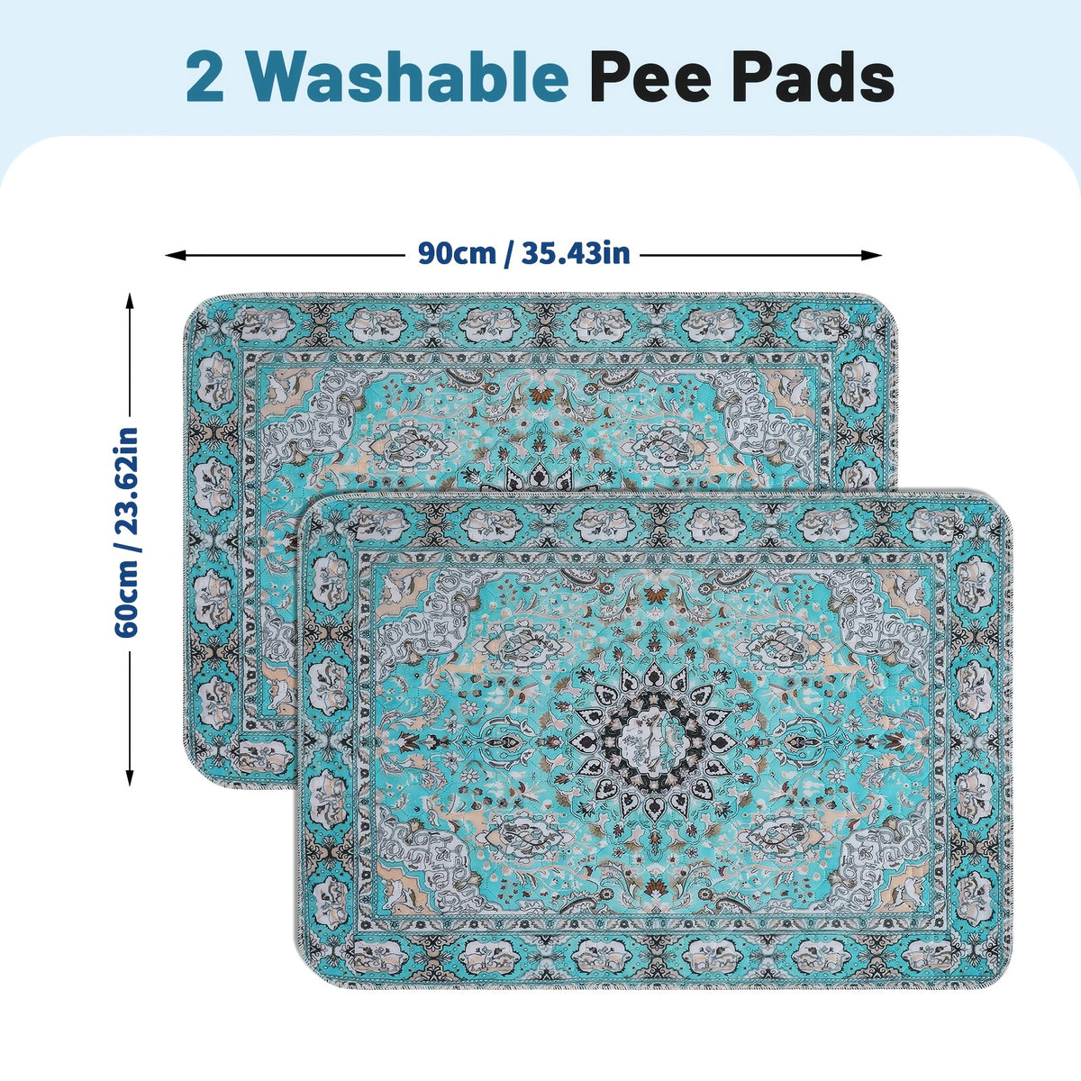 Washable Dog Pee Pads with Teal Medallion Print, 2 Pack Reusable Non-Slip Puppy Potty Training Mats for Floors, Crates and Couch Protection