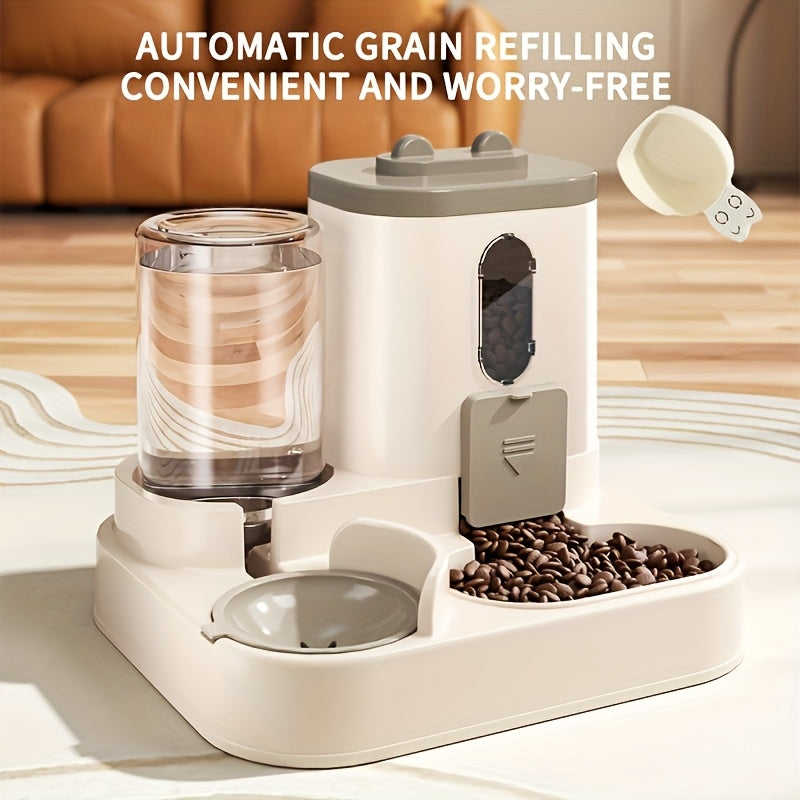 Gravity Cat Feeder and Waterer Combo with Visible Food Window, Dual-Bowl Pet Feeding Station and Siphon Water Refill, Grey, Cherry Pink or Golden