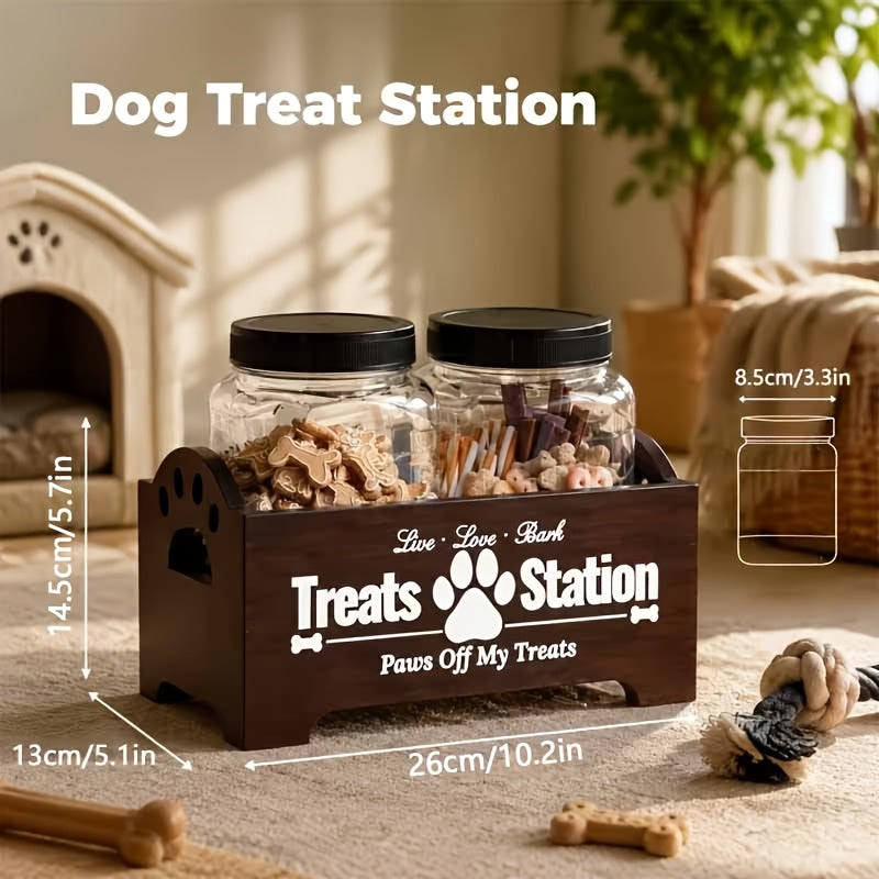 Dog Treat Container Set with Wooden Farmhouse Rack and 2 Plastic Snack Canisters, 3-Piece Pet Food Storage Organizer in Black or White for Home