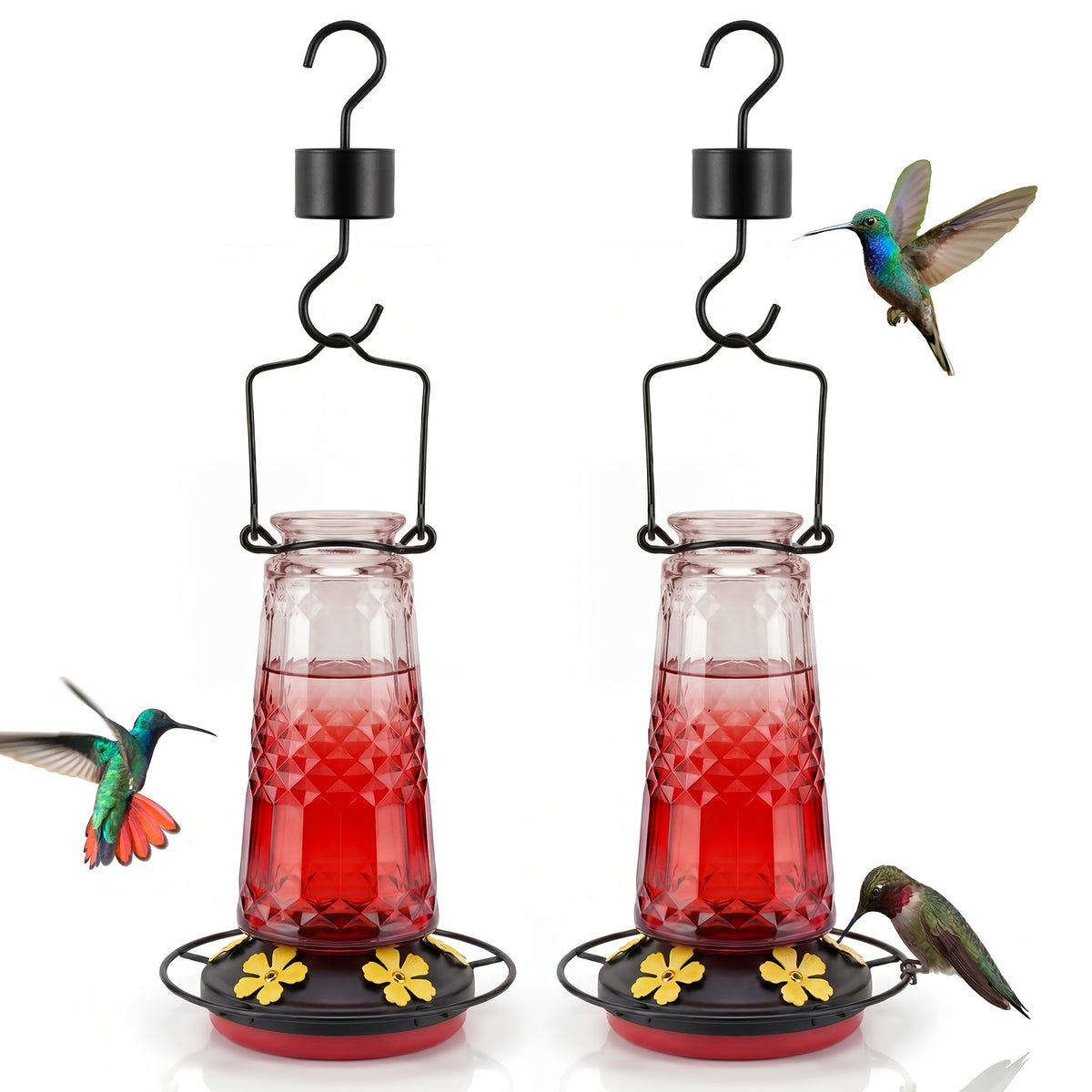 Glass Hummingbird Feeder 24oz by Kingsyard, Outdoor Hanging Nectar Feeder with 6 Feeding Ports and Ant Moat, Four Colors in Single or Two-Pack Options