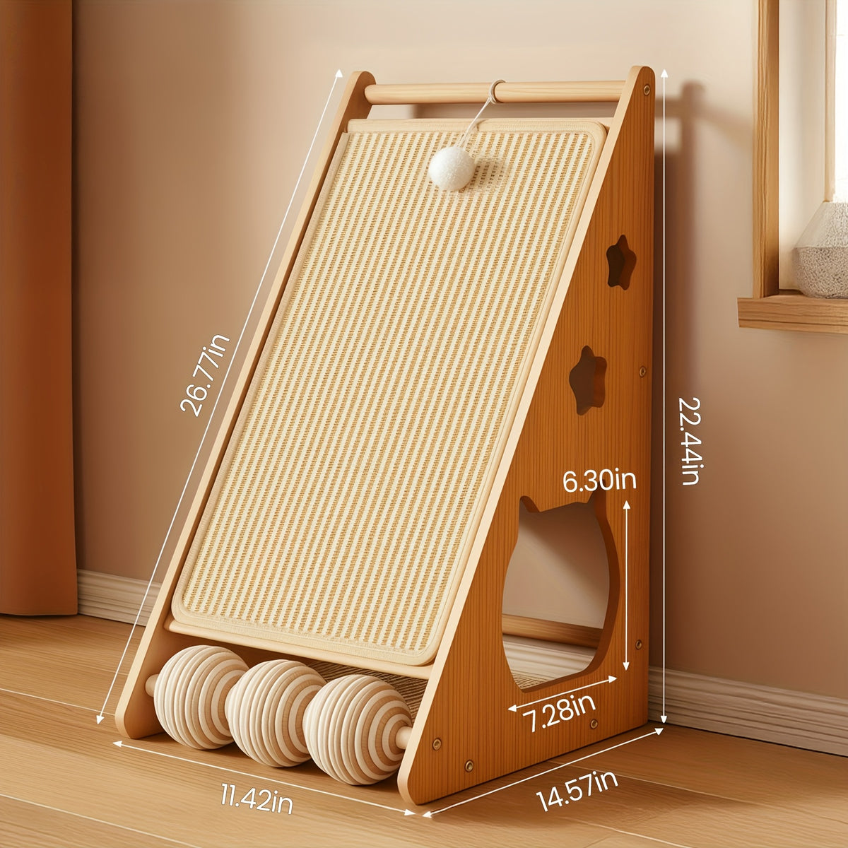 Cat Scratching Board with Sisal Pads and 3 Teaser Balls, 27-Inch Listed Indoor Cat Scratcher for Everyday Claw Scratching and Interactive Play