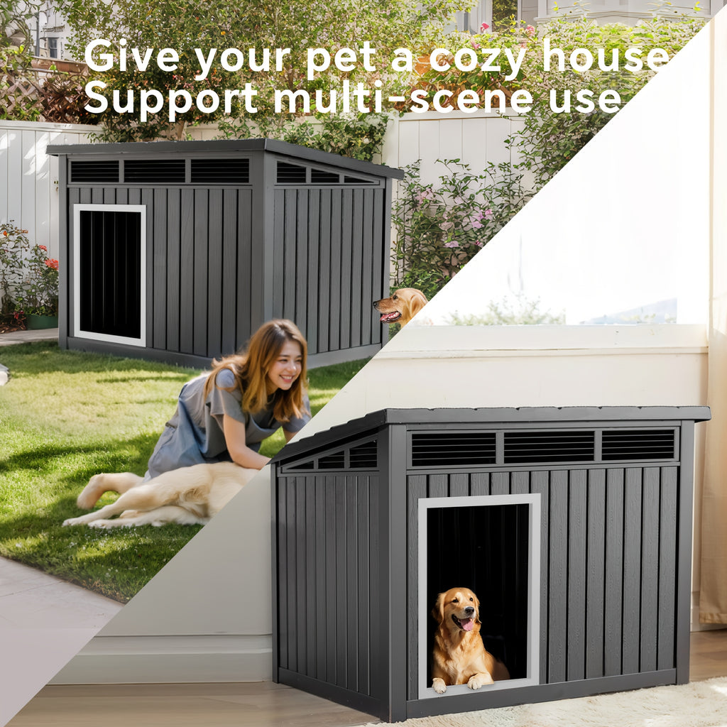 Ventilated Dog House with Slanted Roof, Black or Grey Indoor Outdoor Pet Shelter with Listed Waterproof and UV-Resistant Features for Large Dogs