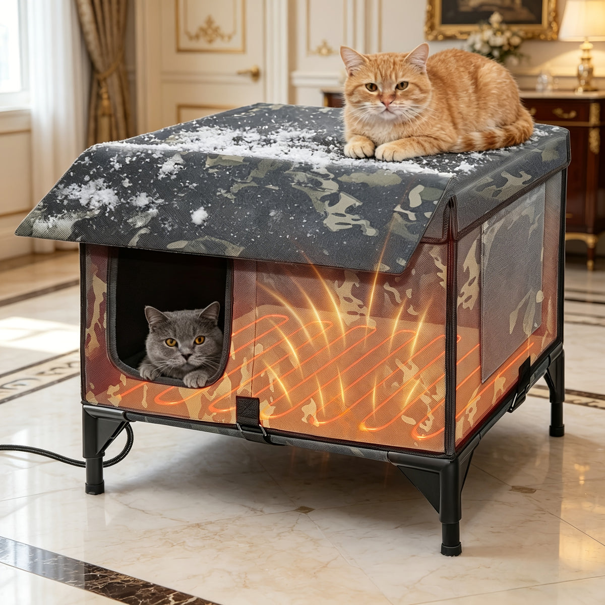 3-in-1 Heated Cat House with Detachable Heating Pad and Elevated Bed, Dual-Entry Cat Shelter in Brown, Camouflage and Roof Style Options