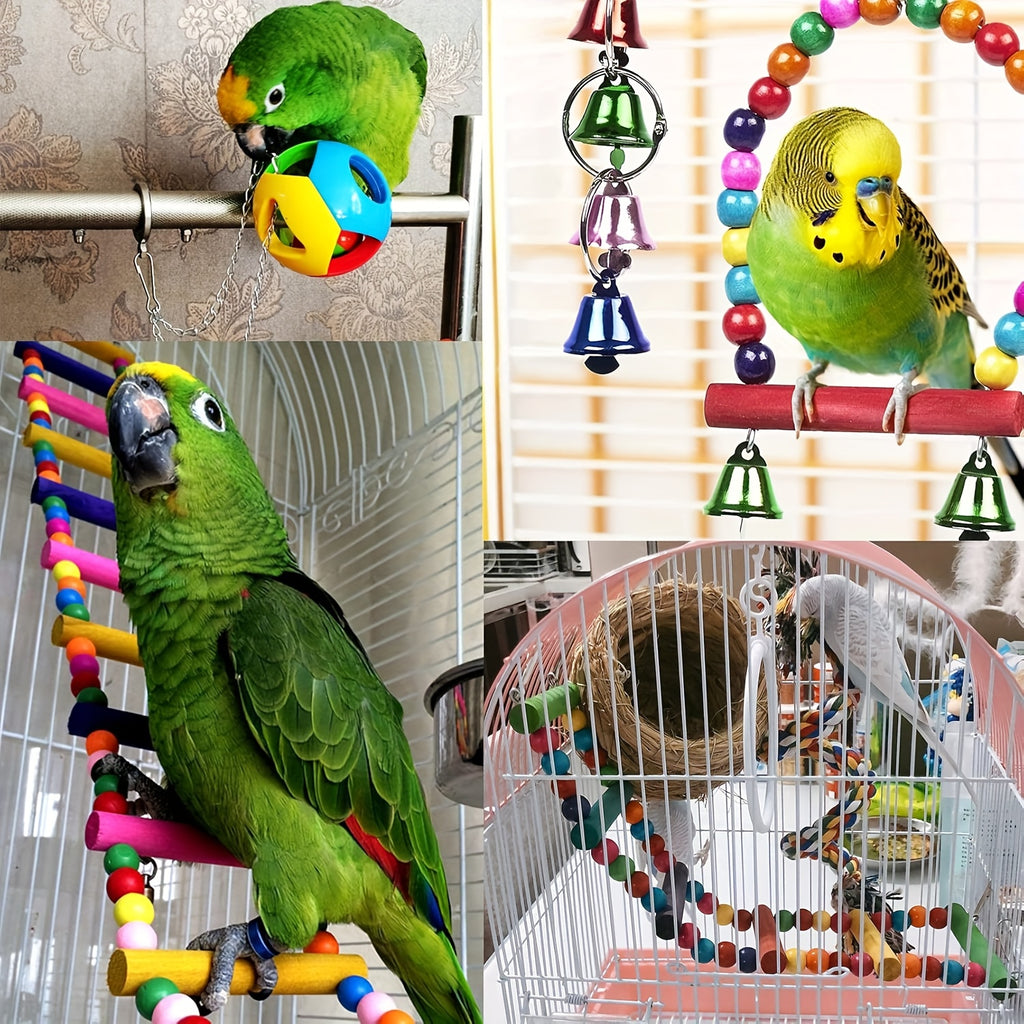 Bird Toys 15-Piece Wooden Swing and Climbing Gym Set with Hanging Bells, Hammock and Ladders for Supervised Parrot Cage Enrichment