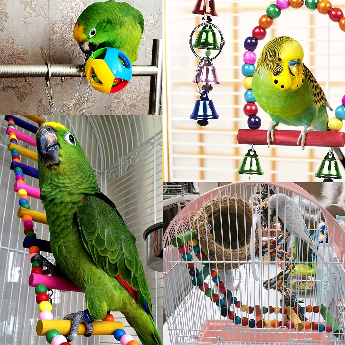 Bird Toys 15-Piece Wooden Swing and Climbing Gym Set with Hanging Bells, Hammock and Ladders for Supervised Parrot Cage Enrichment