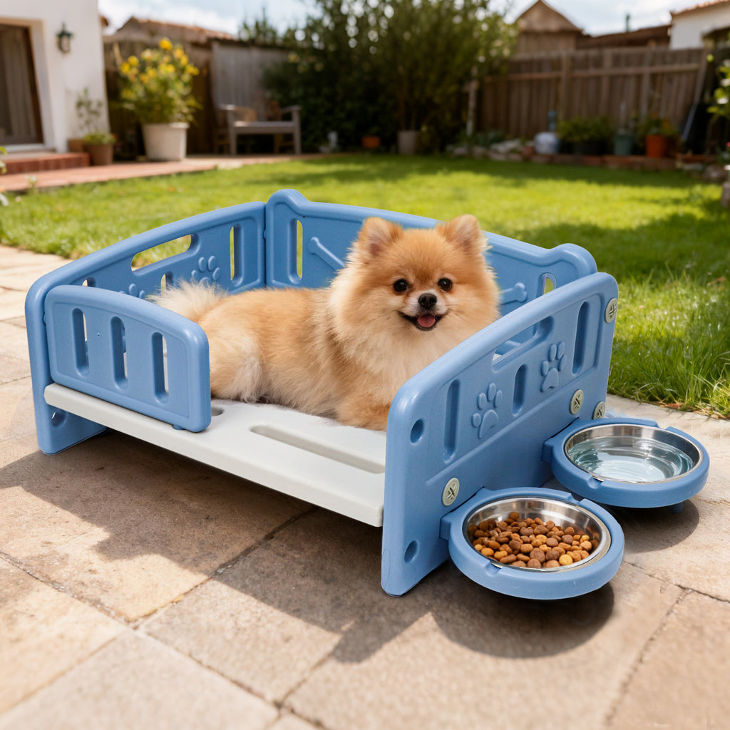 Elevated Dog Bed with Feeding Bowls, Plush Mat and Front Entry, Pink or Blue Pet Sofa with Paw-Print Side Panels for Small to Medium Dogs