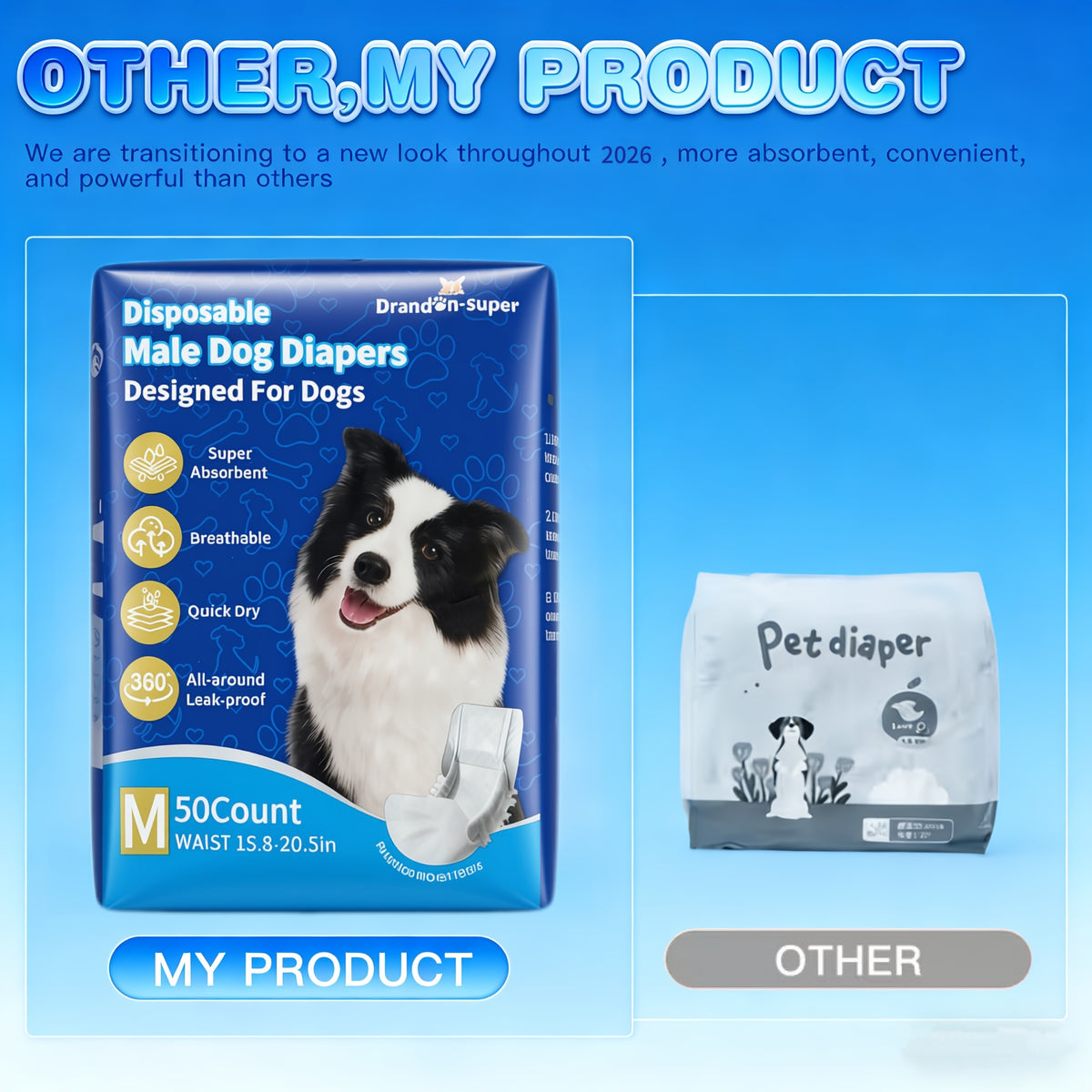 Dog Diaper Value Pack 50 Count, Disposable Absorbent Male and Female Style Options in XS S M L for Puppy Accidents and Senior Dog Hygiene Care